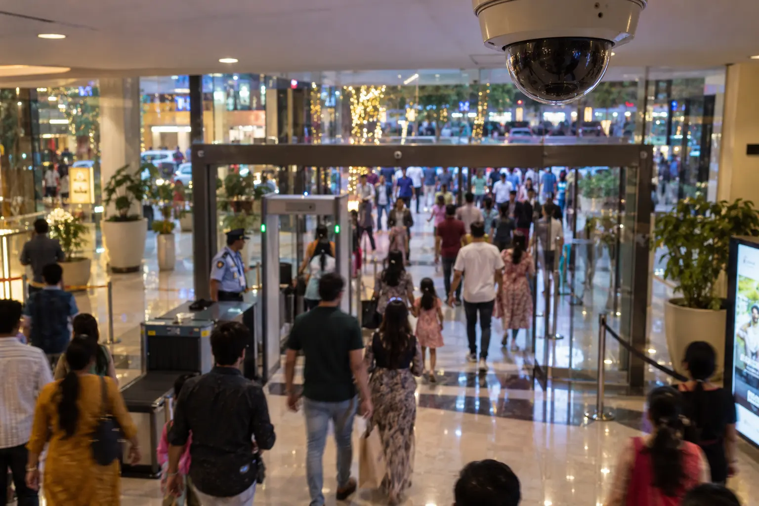 Shoppers entering a mall beneath a ceiling-mounted security camera