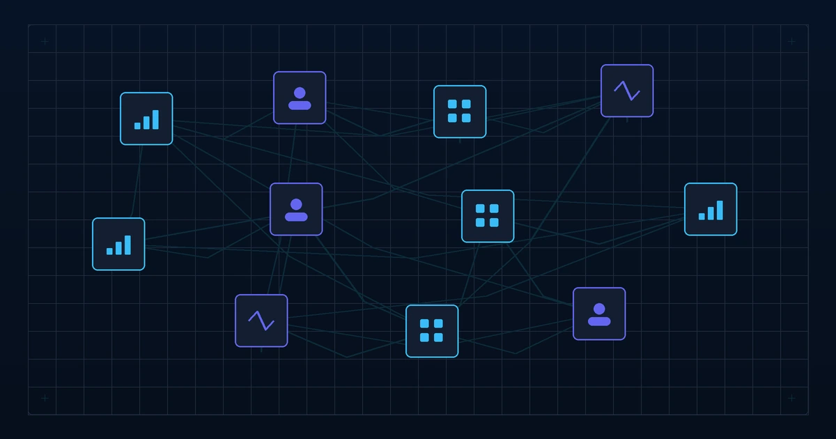 A tangled web of application icons connected by data flow lines on a dark background