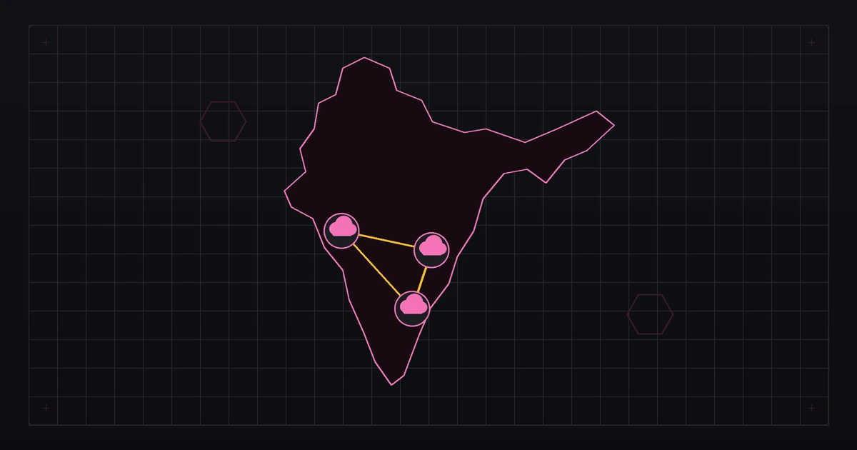 A map of India overlaid with cloud region markers and data flow arrows staying within borders